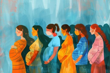 Illustration of unhappy pregnant women in line, diverse, masks, with copy space