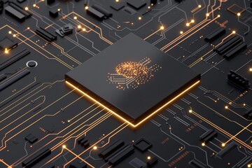AI Brain Chip cause. Artificial Intelligence network mind neurological informatics axon. Semiconductor cvd circuit board interpersonal intelligence - obrazy, fototapety, plakaty