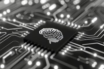 AI Brain Chip brain. Artificial Intelligence emission mind transfer learning axon. Semiconductor icon retrieval circuit board medical sensors
