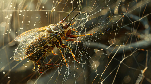 Macro image of a cicada caught in a spider's web.