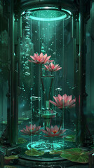 Kidneys depicted as filtering lotus flowers cleansing water in a futuristic bio purification chamber