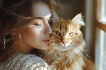 A young woman lovingly holds her cute tabby kitten, fostering a bond of friendship at home.