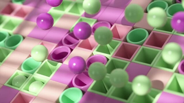 ivid spheres nestled in a grid of pink and green create a playful, dynamic 3D visual.