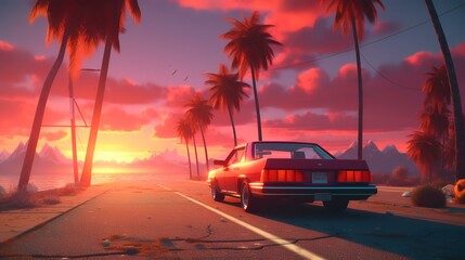 Summer Vibes 80s Style with a Car Going to the Beach

