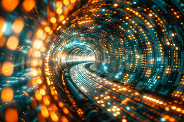Futuristic tunnel illuminated by abstract patterns and energy lines, representing the concept of fast-paced digital data movement and space exploration