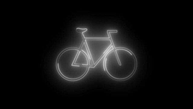 Neon glowing white bicycle icon animation in black background