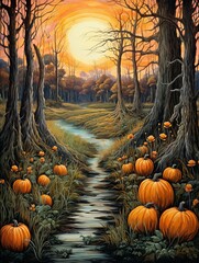Autumnal Pumpkin Patches Riverside Painting - Vintage Art Print - Rustic Wall Decor