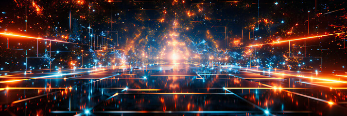 Futuristic space with digital and neon light designs, emphasizing speed and technology in a modern and abstract background