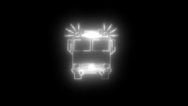 Neon glowing white fire engine icon animation in black background