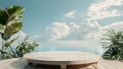 Fototapeta na wymiar Single wooden plathform with beach background