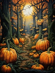 Vintage Autumnal Pumpkin Patch Wall Art: Timeless Nature Painting