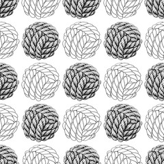 Seamless pattern of knotted ropes cords monkey fist knot ball Nautical thread whipcord with loops and noose, braided, spiral fiber. Illustration graphic hand drawn on white background.