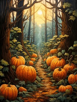 Autumnal Pumpkin Patches Vintage Painting | Nature Art Wall Decor