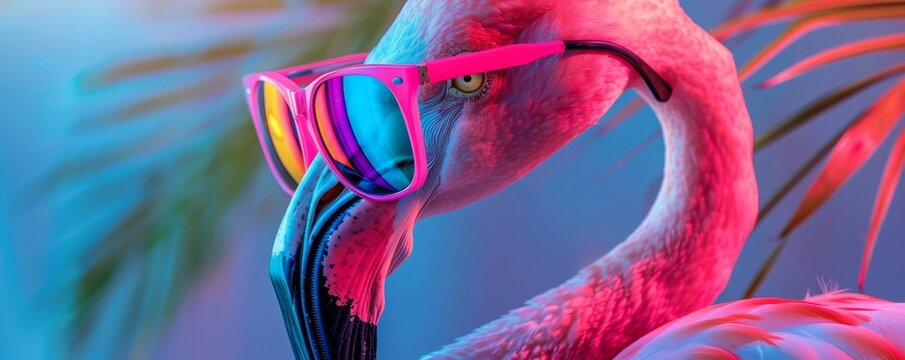 A stylish flamingo wearing colorful eyeglasses