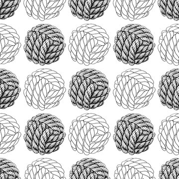 Seamless pattern of knotted ropes cords monkey fist knot ball Nautical thread whipcord with loops and noose, braided, spiral fiber. Illustration graphic hand drawn on white background.