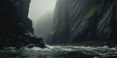 Nature's Majesty: A Scenic Cliff Coastline with Majestic Waterfalls, High Steep Cliffs, and Spectacular Storm on a Norwegian Beach