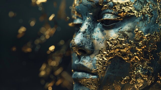 Cryptic beauty Create a visually captivating artwork that embodies the enigmatic allure of gold cryptocurrency on woman face