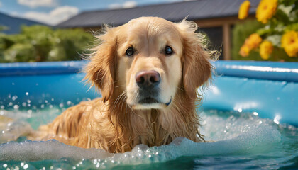 Happy wet golden retriever dog in an inflatable outdoor pool on a hot summer afternoon