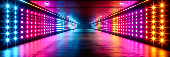 Futuristic neon tunnel with vibrant blue lights, creating an abstract and immersive corridor in a modern or sci-fi setting