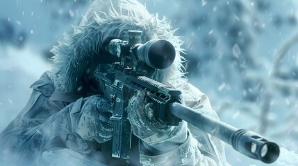 Arctic Sniper: Soldier Concealed in Snow. Military concept. - obrazy, fototapety, plakaty