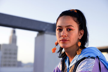 Close Up Straight Face Fashionable South American Woman in the Rooftop in a Late Afternoon, Los...