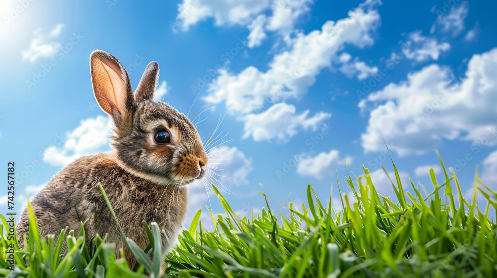 Wall mural Cute Easter rabbit peeking out of green grass on blue sky background with copy space. Adorable bunny as spring and Easter symbol. - Wall murals