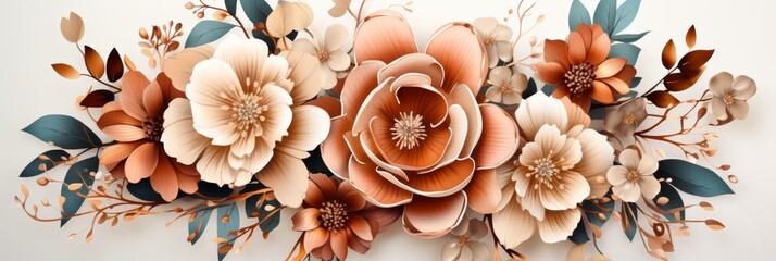 Elegant floral background for wedding celebration, adorned with delicate flowers on white backdrop