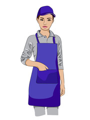 Young female seller in overalls, apron and cap.
