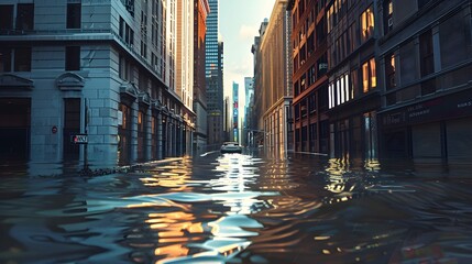 city street flooded with water. flooded landscape concept. - obrazy, fototapety, plakaty