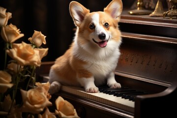 Adorable corgi dog playing a white piano in a bright and sunny room on a beautiful day