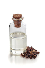 Dry organic Tomar Seeds (Zanthoxylum armatum), along with its essential oil. Isolated on a white background.