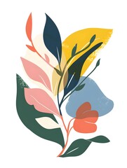 flat illustrated colorful image of stylized floral designs with a flat, abstract aesthetic, the plant has a unique color scheme and shape, including leaves and flowers