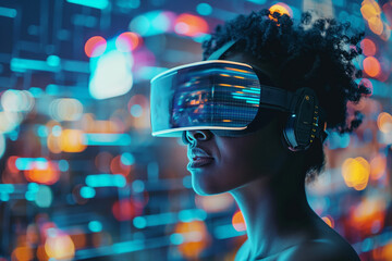 The generated image depicts a futuristic cyber woman standing before a digital code-filled background, capturing the essence of technology, business, and the internet She symbolizes a person deeply in