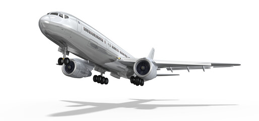 3d modernes Passagierflugzeug, Airliner landet, startet mit ausgefahrenen Fahrwerk, freigestellt mit transparenten Hintergrund - 742568928