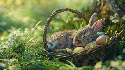 Adorable white rabbit resting in a wicker basket surrounded by colorful Easter eggs on a green grassy field