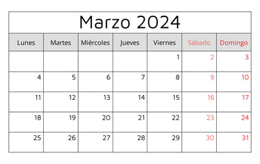 March 2024 SPANISH calendar (Marzo). Vector illustration. Monthly planning for business in Spain