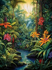 Lush Tropical Rainforest Canopies Stream and Brook Original Vintage Painting