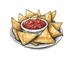 Corn chips nachos and salsa sauce isolated. Colorful sketch
