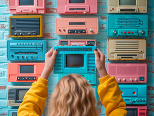 Retro Radios and Cassette Players on a Colorful Wall - Perfect for Articles on Retro Technology and Nostalgia