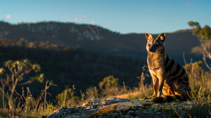 Tasmanian tiger, tasmanian wolf, thylacine, in the wild isolated against a sunny, bright blue sky....