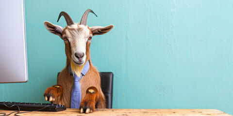 Surreal Business Goat Using Computer - Quirky Concept for Creative Advertising and Marketing Campaigns