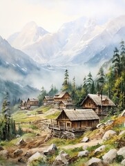 Fototapeta premium Rustic Mountain Homes: Quaint Alpine Villages Canvas Print Landscape
