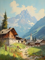 Fototapeta na wymiar Golden Hour Glow: Quaint Alpine Vintage Painting of an Evening Village