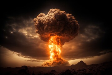 Modern nuclear bomb explosion in uninhabited area in sea or desert, nuclear weapons testing for war