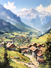 Elevated Village: Vintage Landscape - Quaint Alpine Villages Plateau Art Print