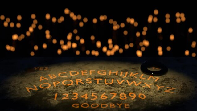 Spiritual board close-up and burning candles. Spirit speaks. 3D 4K animation. Spiritualistic seance.