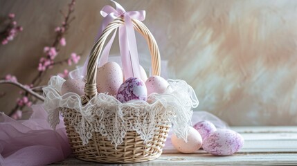 Fototapeta na wymiar Elegant Easter Basket with Delicate Speckled Eggs