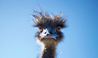 Close-up head shot of a Tasmanian emu bird in its wild natural habitat, sunny bright blue sky. Concept shot on extinction, poaching, hunting, over-hunting and the threat to animals from humans