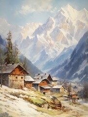 Fototapeta na wymiar Snowy Peaks Serenade: Vintage Painting of Quaint Alpine Villages in Nature's Artwork