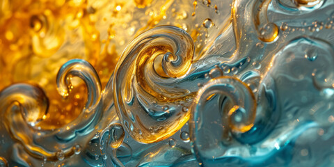 Abstract Liquid Art with Swirling Golden and Aqua Colors - Perfect for Modern Decor and Backgrounds